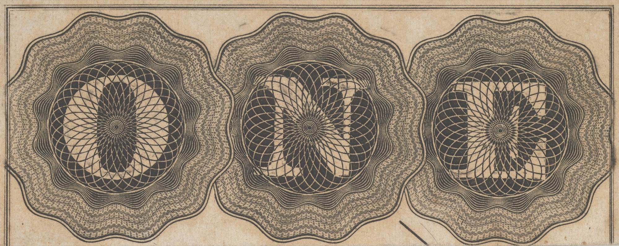 Nineteenth-century banknote engraving: the word ONE, each letter set against a circle of geometric lathe work